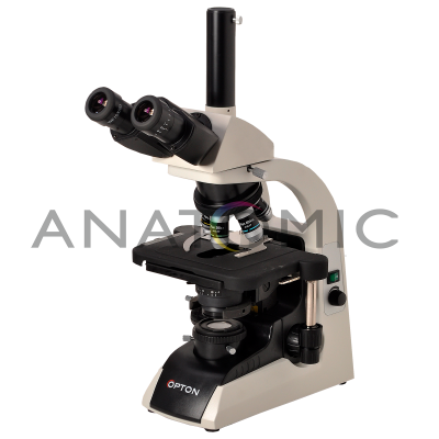 Microscópio Biológico Trinocular com Cinco Objetivas e Aumentos de 40x, 100x, 200x, 400x e 1000x ou até 1500x (opcional). Objetiva Plana Infinita e Iluminação LED 5W.