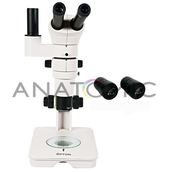 Microscópio Estereoscópico Trinocular, Zoom 0.8X ~ 8X, Obj. Plana 1X, Aumento 8X até 160x (Opcional 320x), Iluminação Transmitida e Refletida a LED 2W.