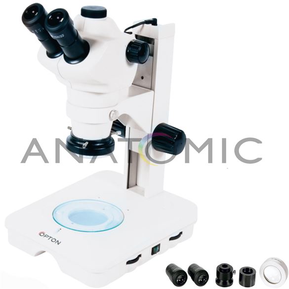 Microscópio Estereoscópico Trinocular, Zoom 0.8X ~ 5X, Aumento 8X a 200X, Iluminação Transmitida e Refletida LED 2W.